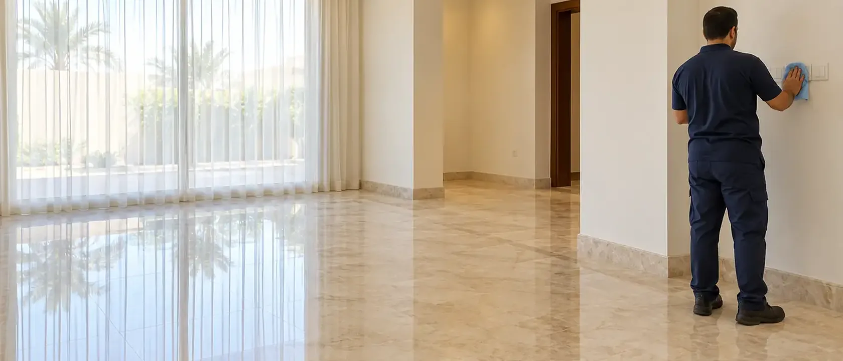 أسعار شركات تنظيف المنازل بالرياض: فني يمسح مفتاح الكهرباء في صالة فارغة بأرضية رخام