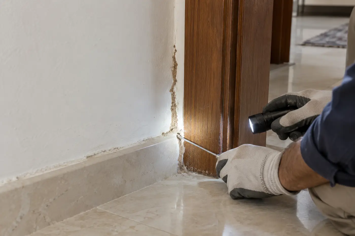 علاج النمل الأبيض بالرياض: فحص إطار باب خشبي وخطوط التراب على أسفل الجدار