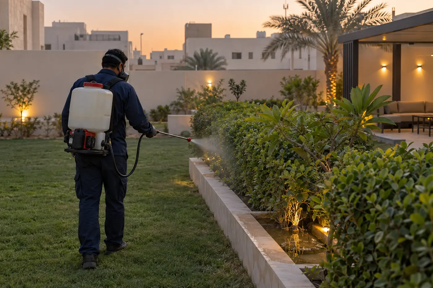 مكافحة الباعوض بالرياض: فني يرش الأحواض والسور في حوش استراحة وقت الغروب